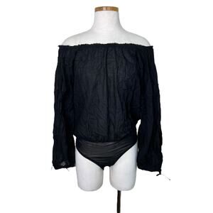 Intimately Free People Sundown Balloon Sleeve Semi-Sheer Bodysuit Black Small